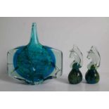 Mdina glass 2 seahorses and a vase signed and dated '77 H 24 en 15 cm