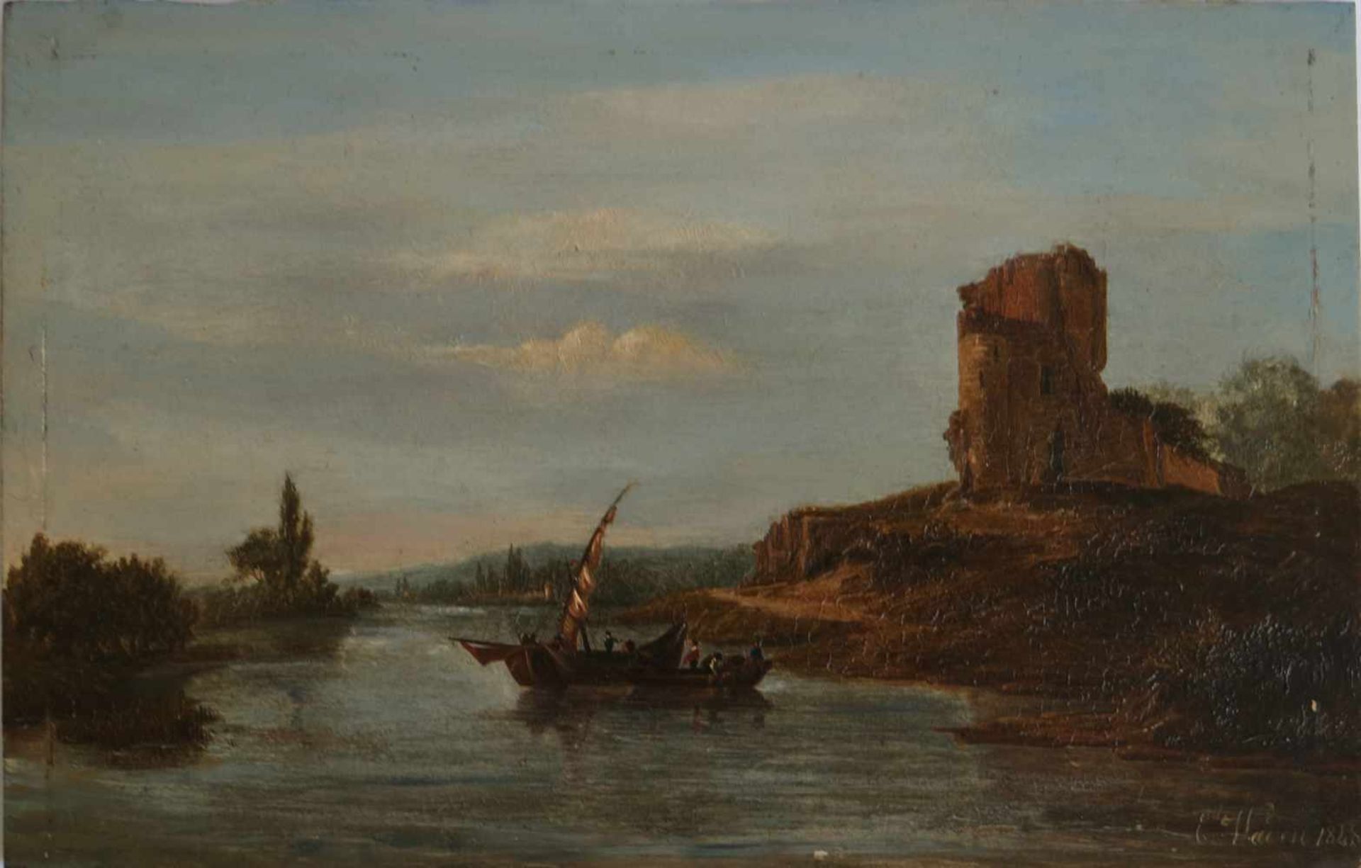 Édouard WADIN (c. 1820-?) Oil on panel Landscape with river and boat 31,5 x 20,5 cm signed and