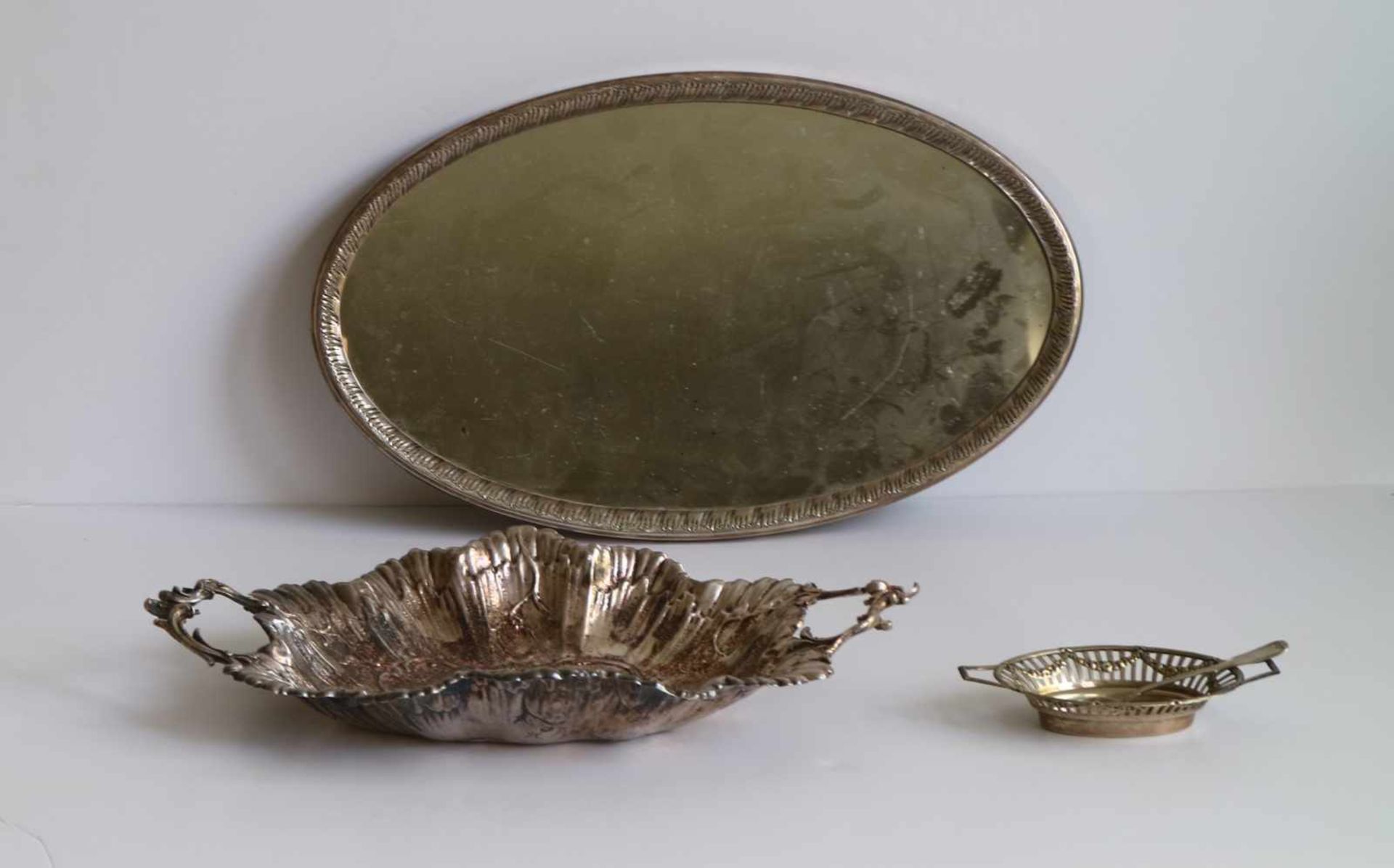 Delheid tray silver platter with mirror glass (Delheid) + silver plated dish, bowl and spoon 51 x