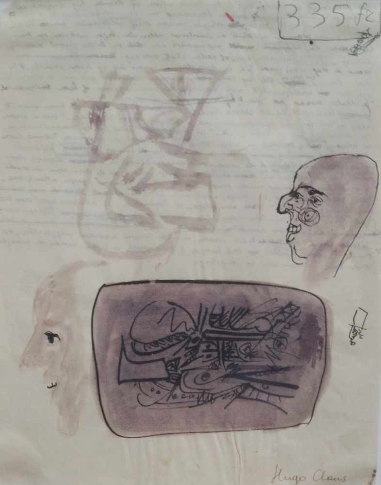 Hugo CLAUS (1929-2008) handwriting with sketches and watercolor on paper 21 x 26 cm signed