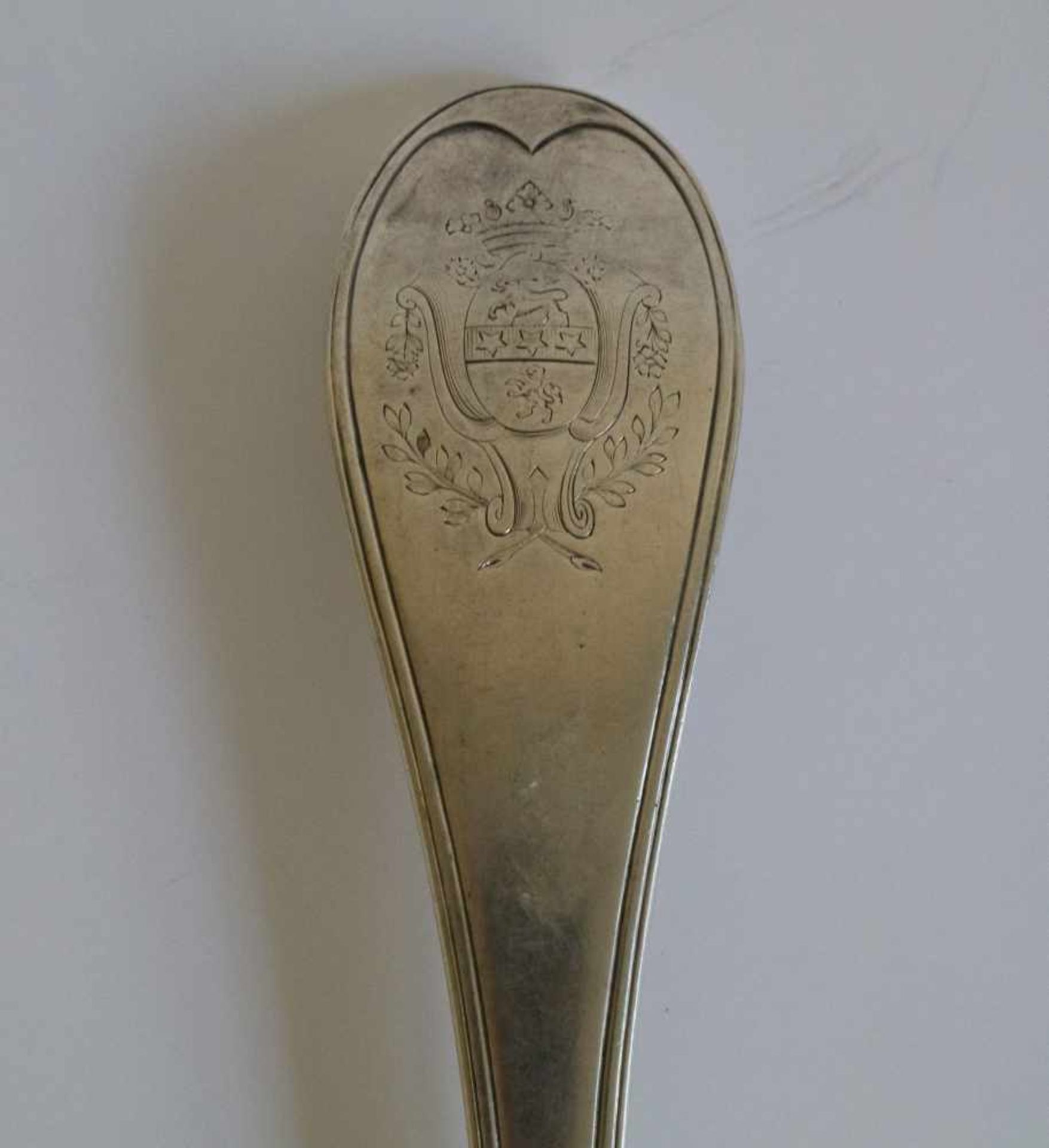 Silver ladle 18th century, with a marquis's coat of arms L 38,5 cm Liège 1792 - Bild 4 aus 5