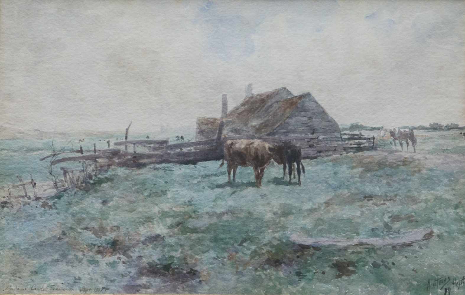 Armand HEINS (1856-1938) watercolor Farm with cows 41 x 26 cm
