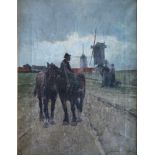 Frans VAN LEEMPUTTEN (1850-1914) Oil on canvas Landscape with windmills and farmer with horses 35 x
