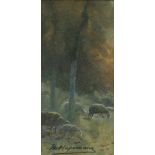 Maurice HAGEMANS (1852-1917) Watercolor Landscape with sheep 12,5 x 27 cm