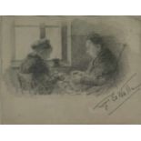 Georges VAN DE WALLE (1861-1923) pencil drawing Lace bobbin 25 x 19,5 cm