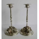 Pair of silver-plated candlesticks with a hunting scene Period 1860 - 1880 H 19 cm