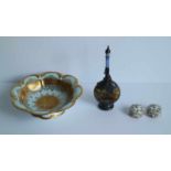 Porcelain items and Art Nouveau bottle Sèvres pill boxes, bottle with silver decoration ca 1910 and