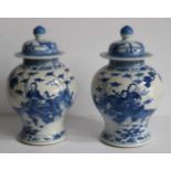 Chinese porcelain pair of blue and white lidded pots 1900 H 31 damage to lid / restoration