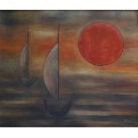 Mia DEPREZ (1942-1997) Oil on canvas Red sun with boats 70 x 60 cm