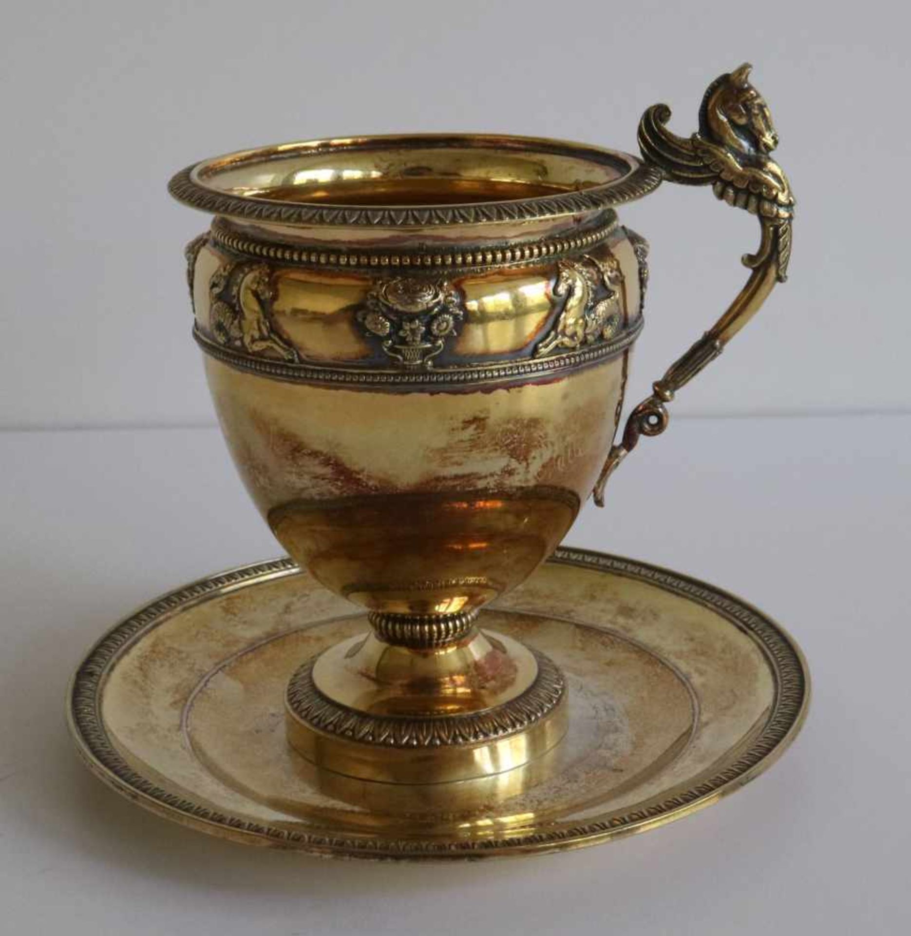 Chocolate cup with saucer silver with vermeille, Paris 1818 - 1838, 293 grams H 12 dia 13,5 cm