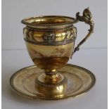 Chocolate cup with saucer silver with vermeille, Paris 1818 - 1838, 293 grams H 12 dia 13,5 cm