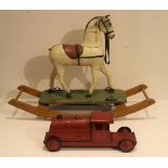 Old toys wooden rocking horse circa 1900 and metal toy car H 67 B 95 cm en 51 x 15 x 18 cm