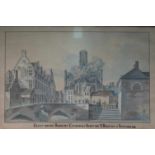 Watercolor View of the fire cathedrale St Baefs church Ghent dated 1822 37 x 23 cm