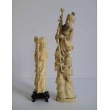 Japanese carved hippopotamus tooth Meiji period and a Chinese ivory by Shao Lau with peach and