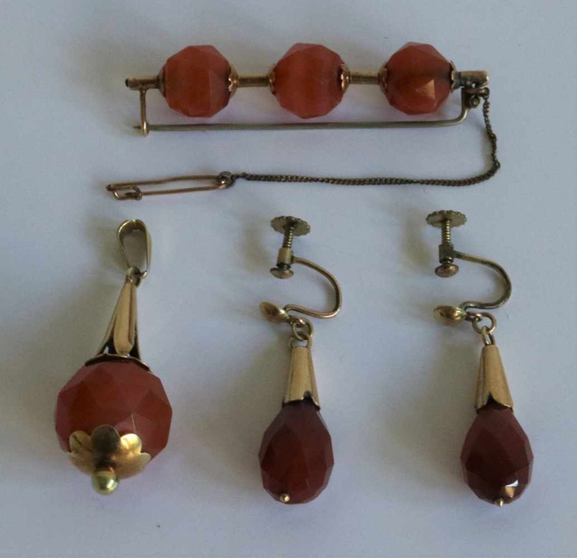 Jewelry set gold and agate set of earrings, pendative and brooch, Dutch L 4,5 en 5,5 cm Gold and - Bild 2 aus 2