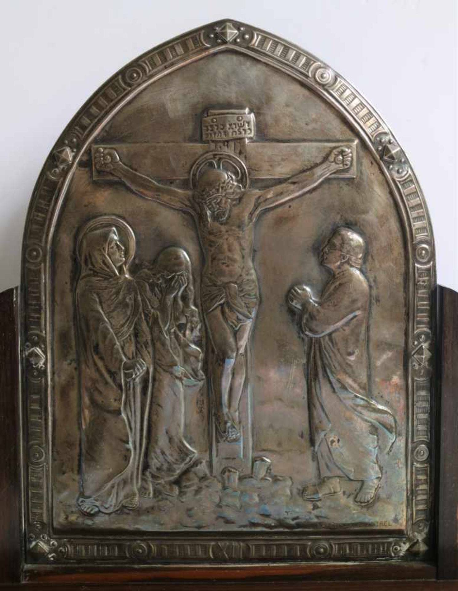 Silver plated Christ scene Art Deco signed Nasouska Chantrel. Back: Hommage respectueux et - Bild 2 aus 5