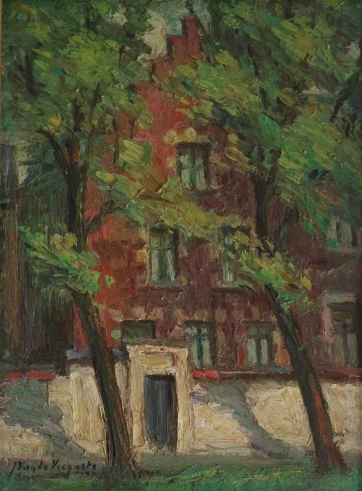 Julien VAN DE VEEGAETE (1886-1960) oil on panel Begijnhof Ghent 17 x 22,5 cm