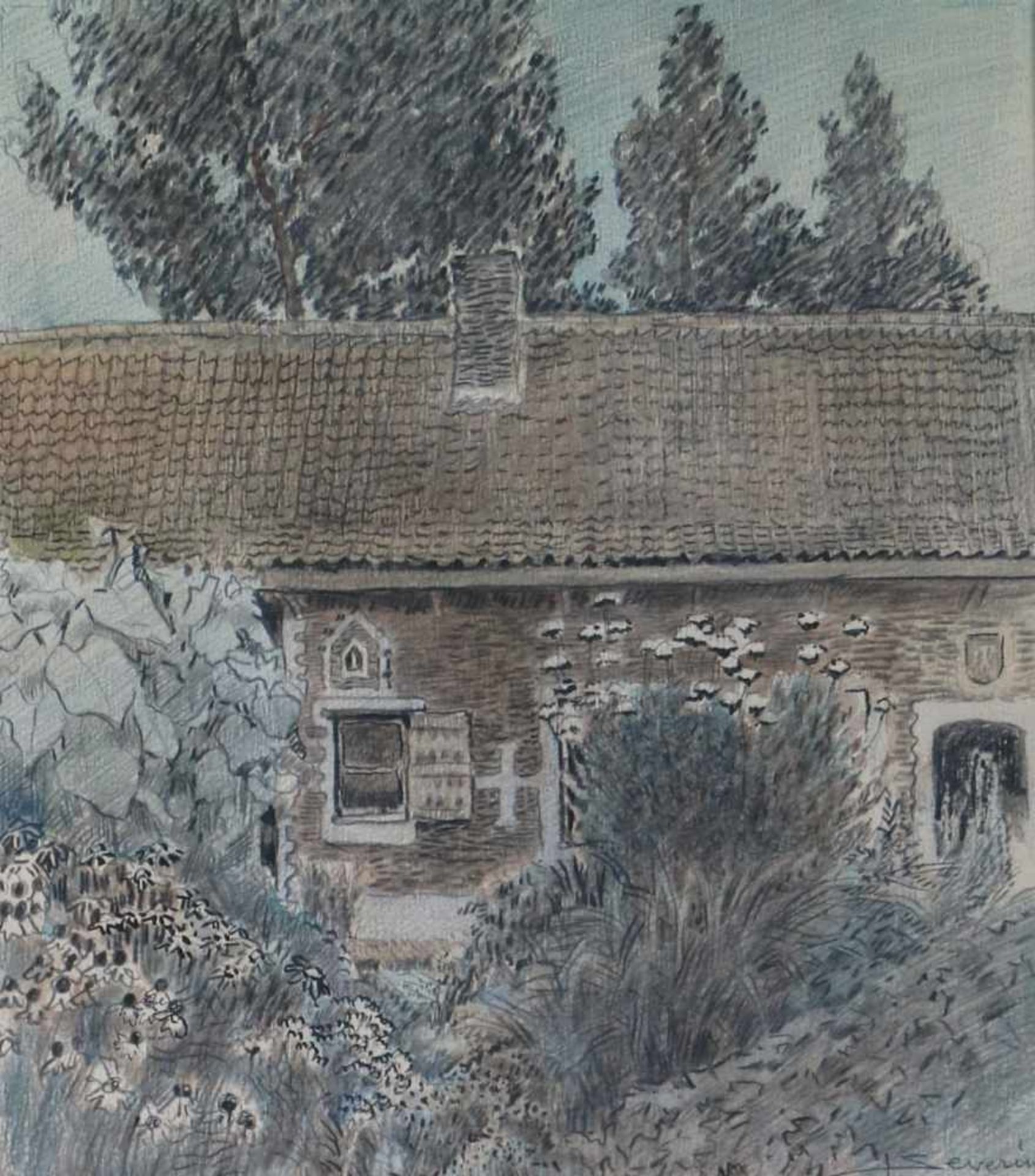 Julian SEVERIN (1888-1975) Chalk on paper & watercolor Farm 25,5 x 29,5 cm