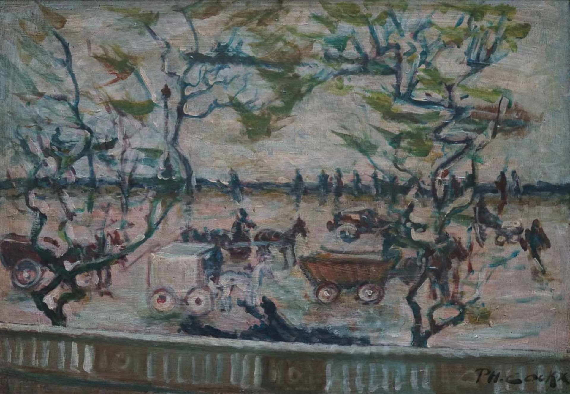 Philibert COCKX (1879-1949) oil on panel Street scene with horse carts 56 x 39 cm