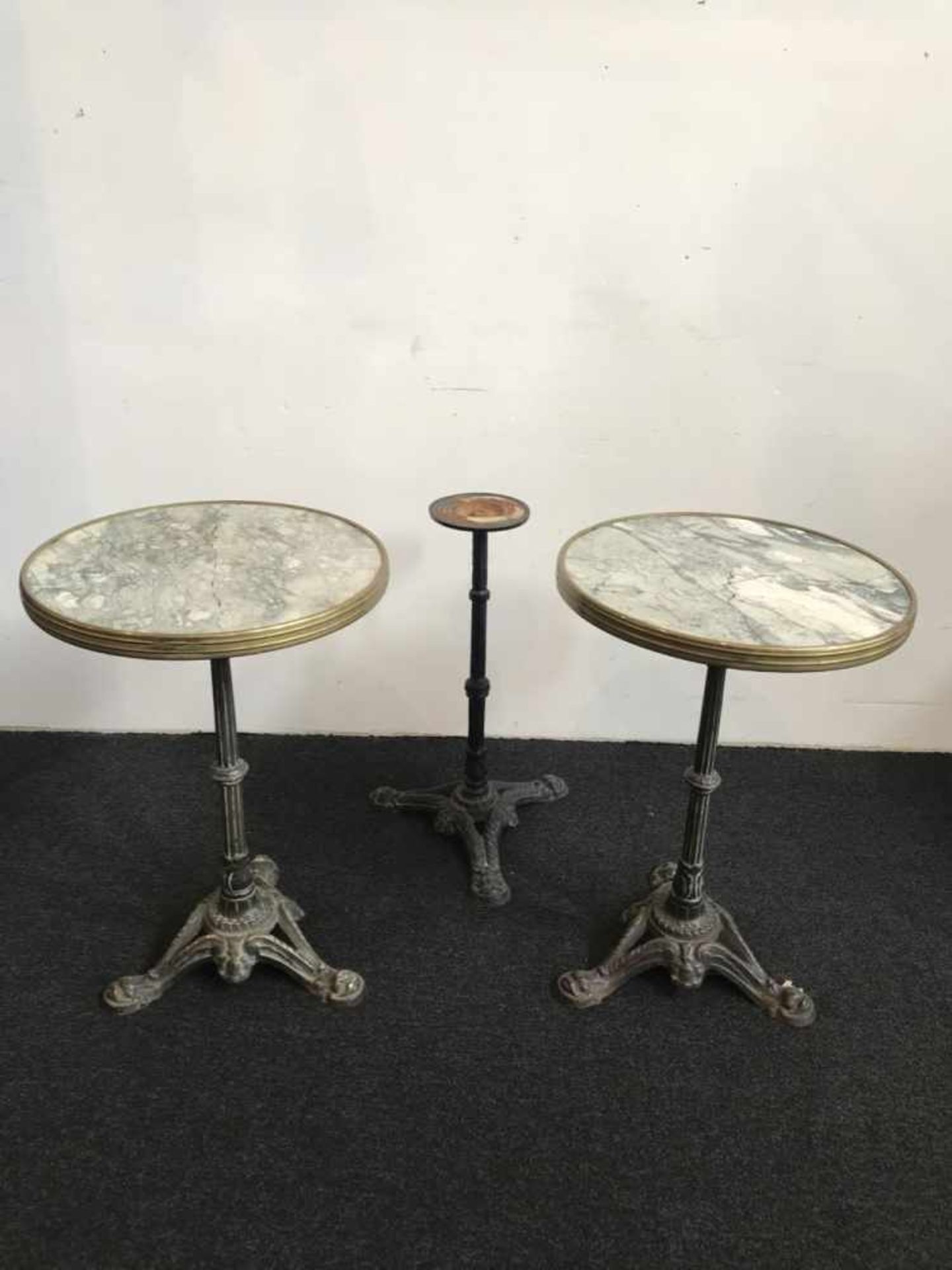 Pair of old bistro tables from Café theater + base dia 50 H 73 cm marble cracked