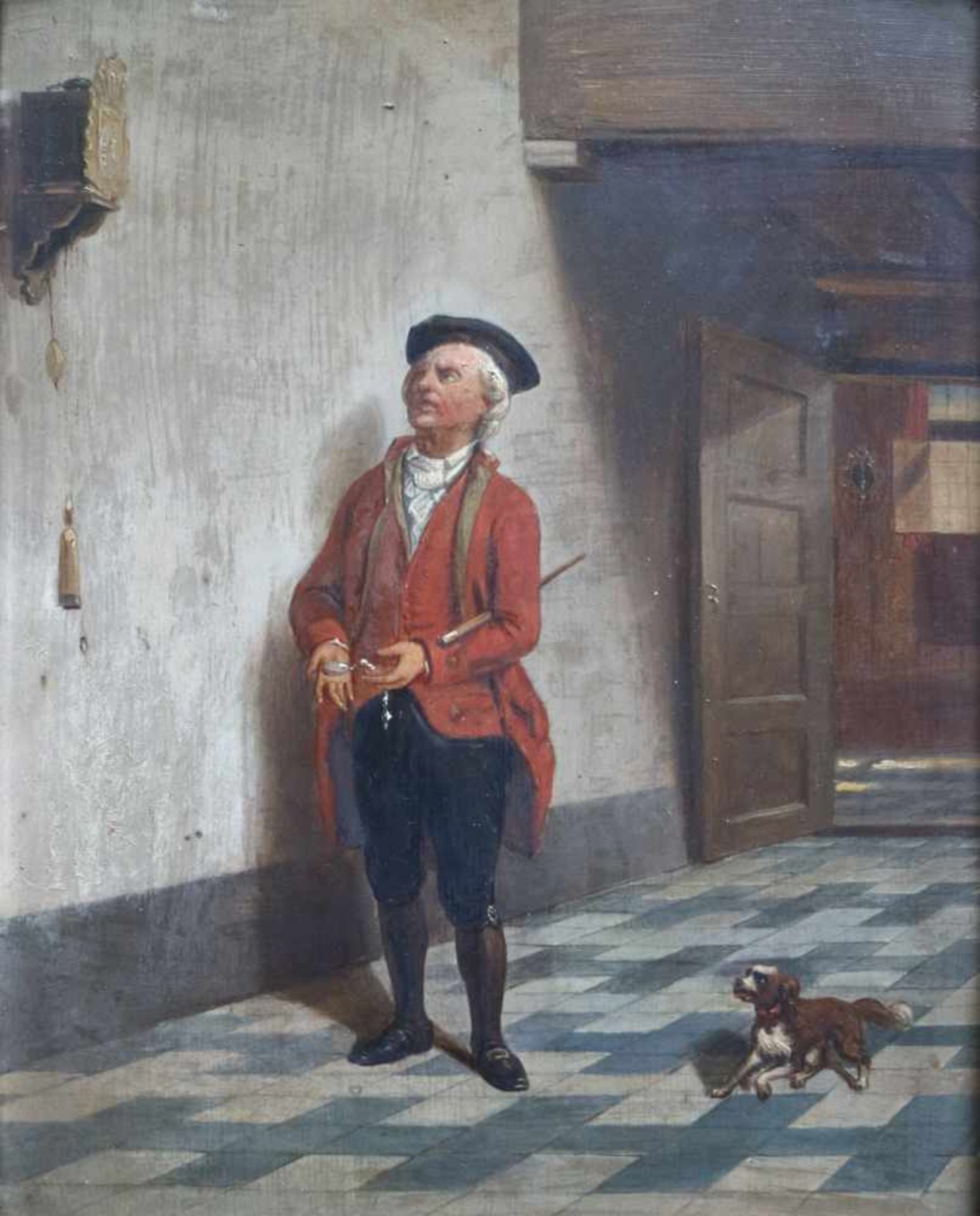 French school oil on canvas Man with pocket watch and dog 19th century 24 x 30 cm