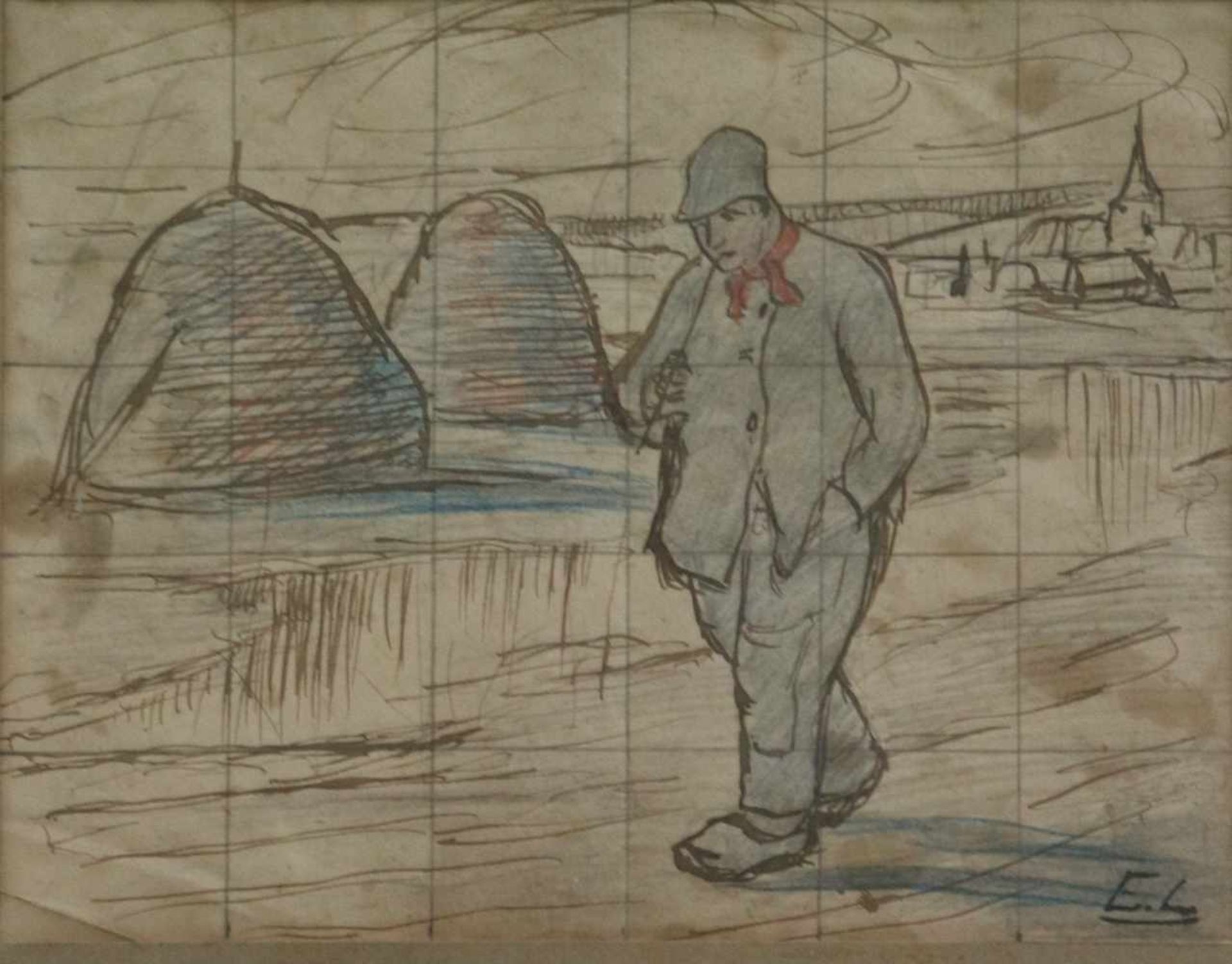 Eugène LAERMANS (1864-1940) pencil drawing Homeward after work 18,5 x 14,5 cm