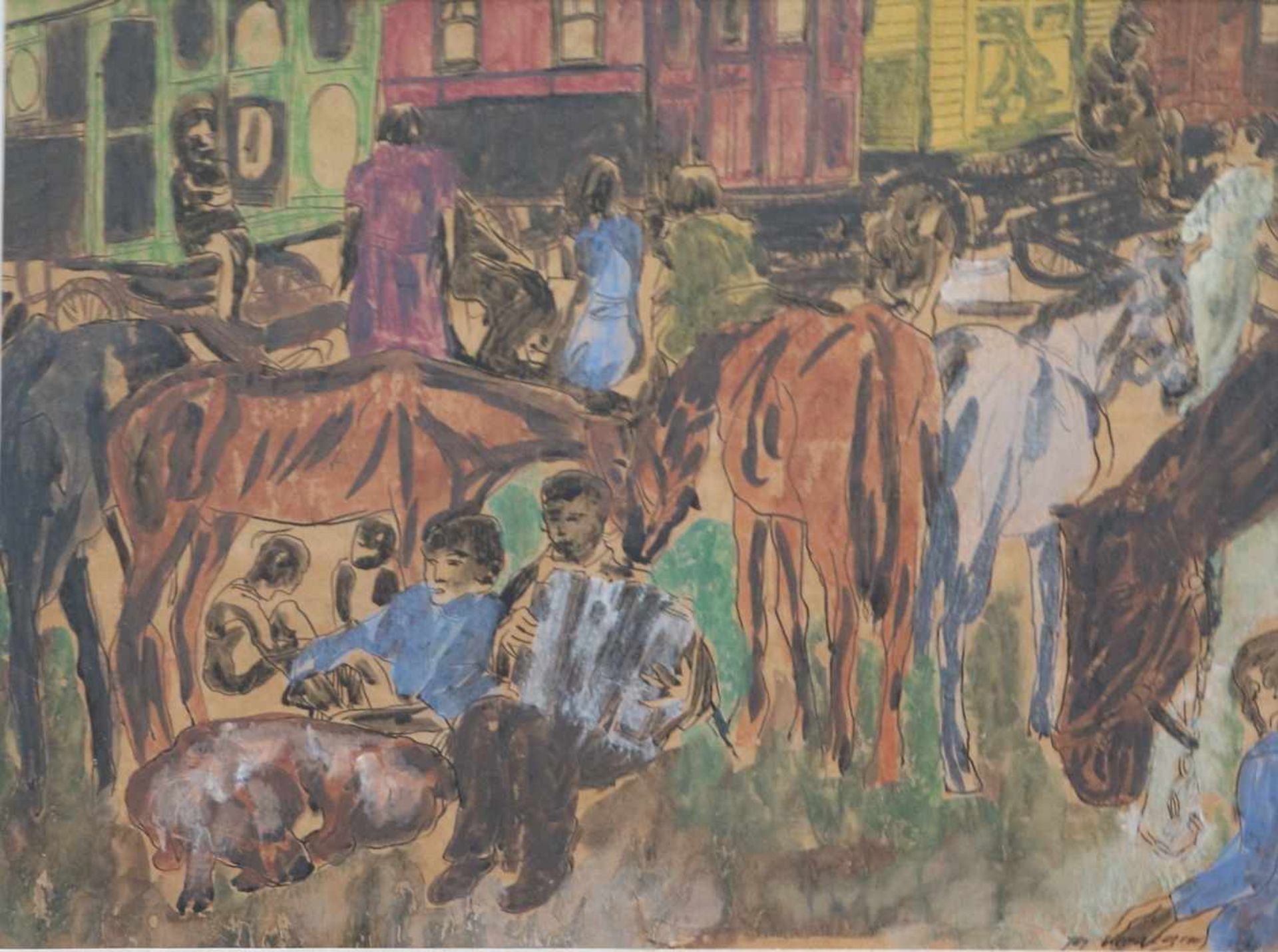 Jos VERDEGEM (1897-1957) watercolor circus caravans 70 x 53 cm