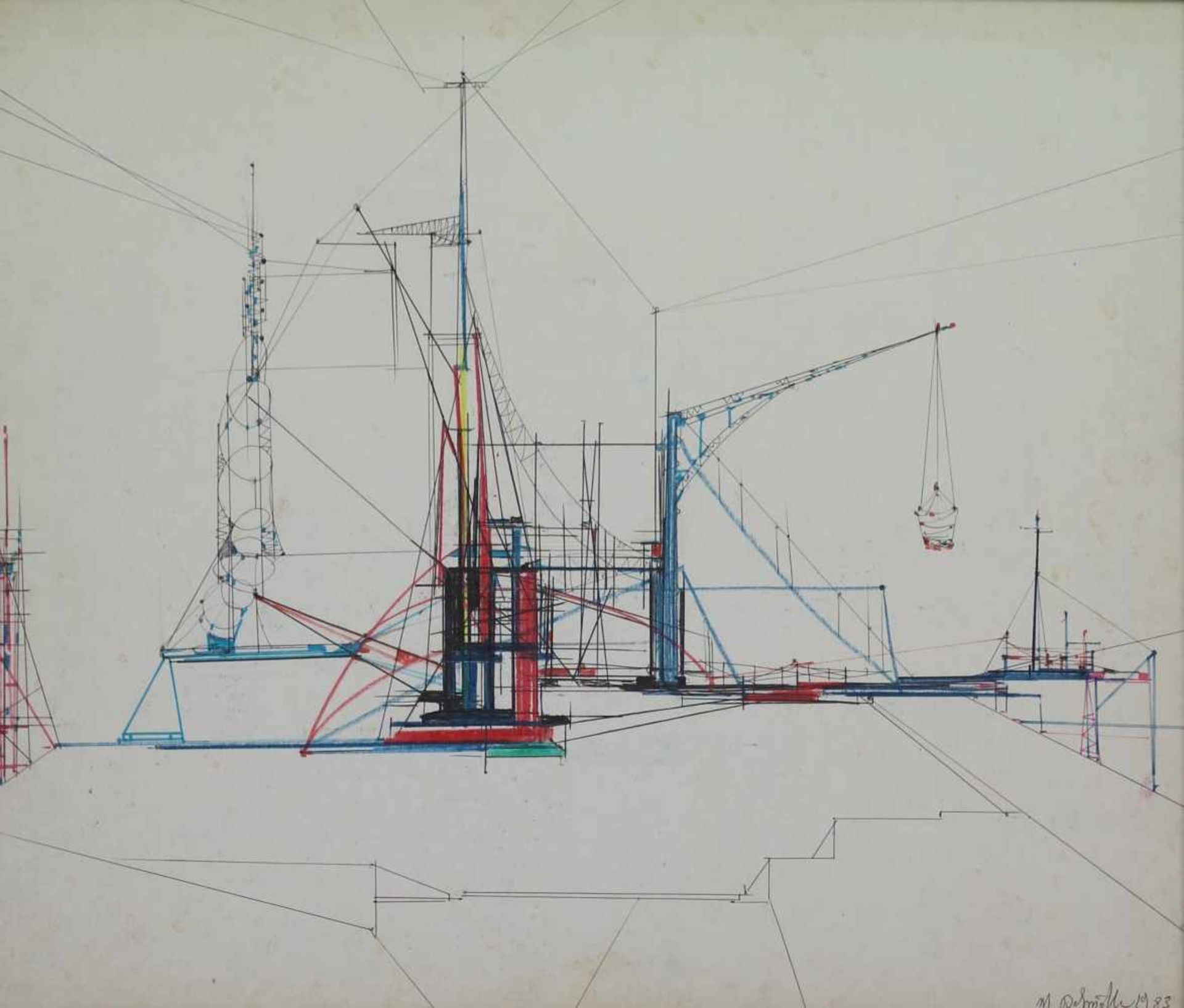 Marcel DELMOTTE (1901-1984) drawing Harbor view 1983 69 x 59 cm