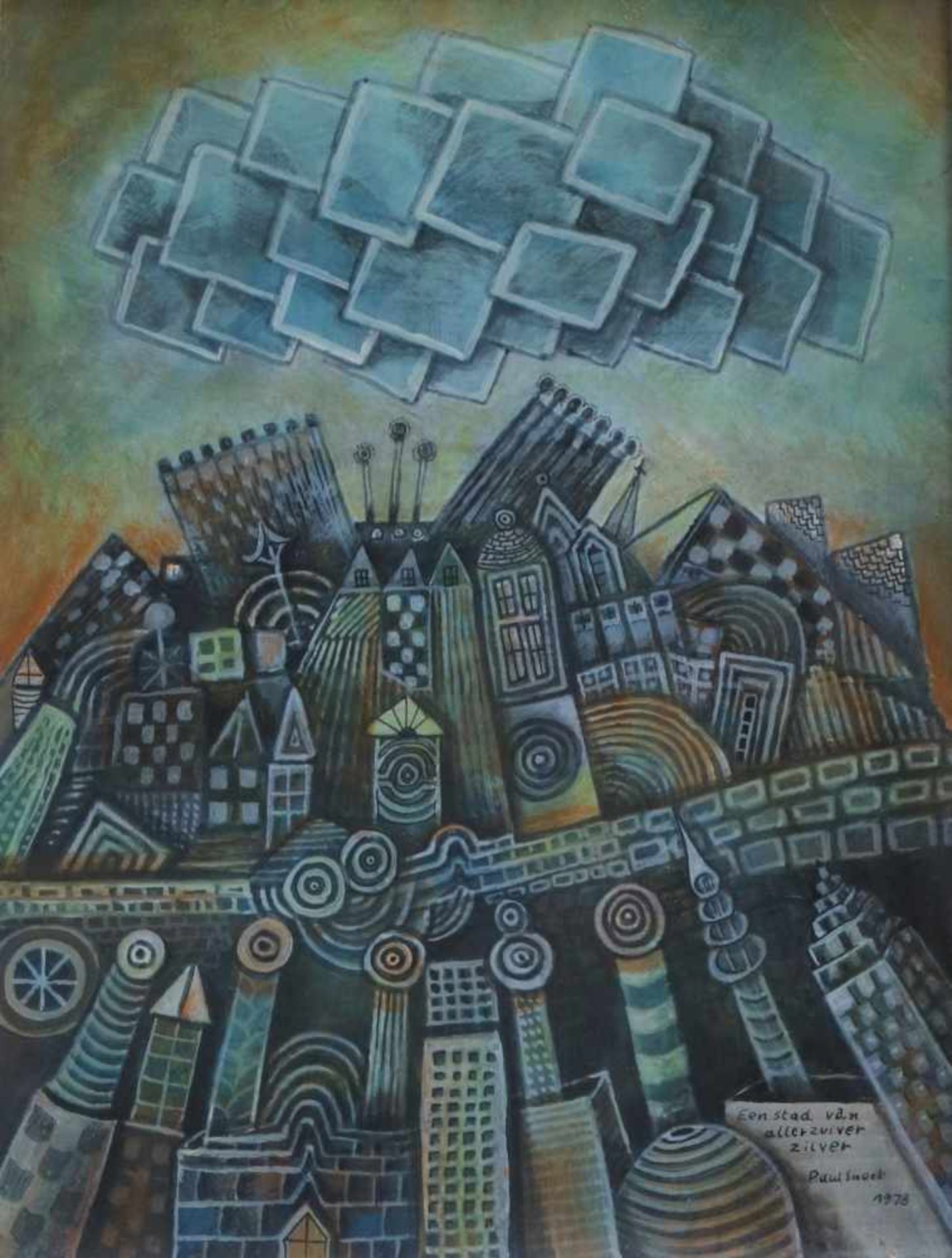Paul Snoek (1933-1981) oil on panel A city of very pure silver dated 1978 24,5 x 32,5 cm