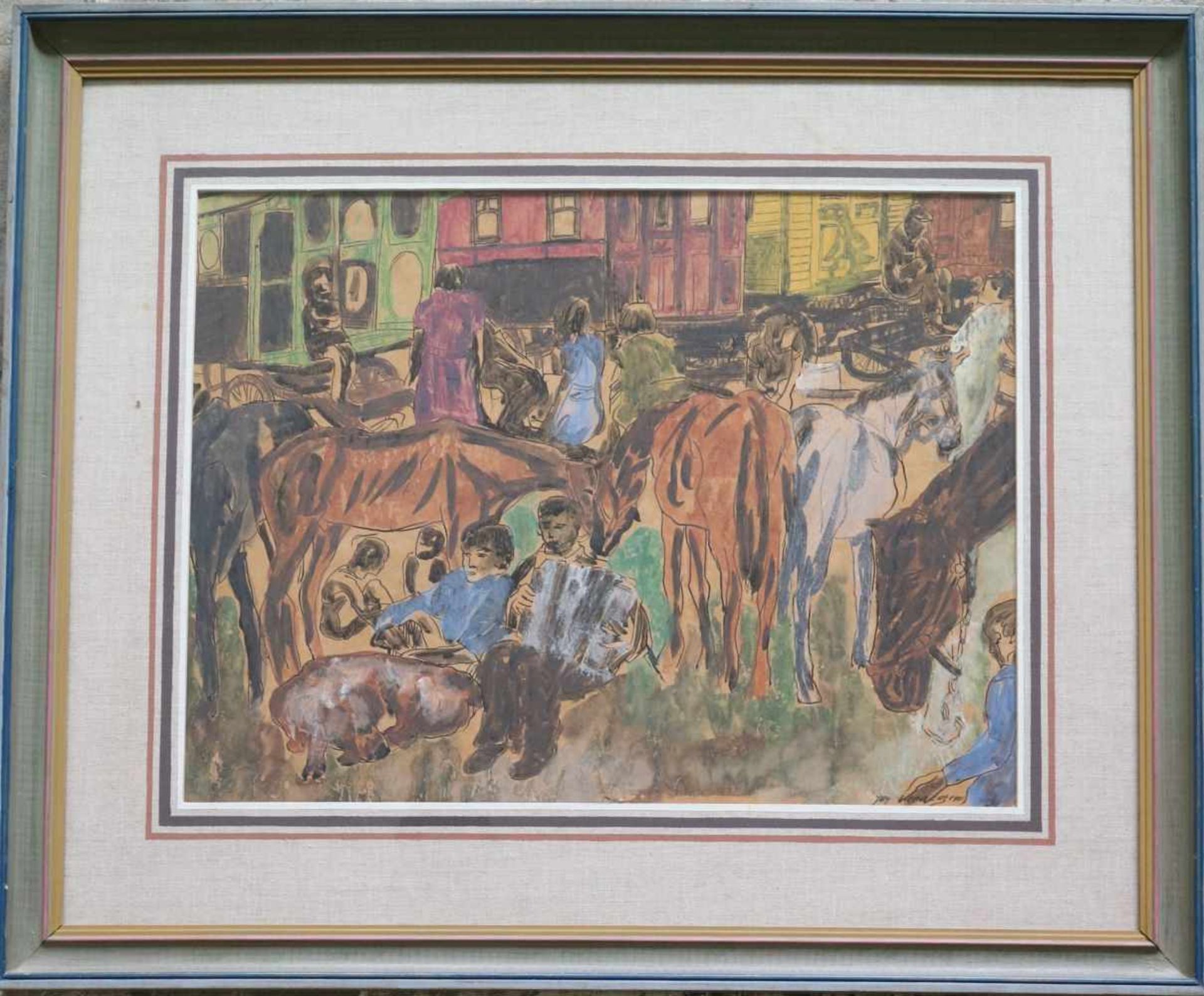 Jos VERDEGEM (1897-1957) watercolor circus caravans 70 x 53 cm - Bild 2 aus 3