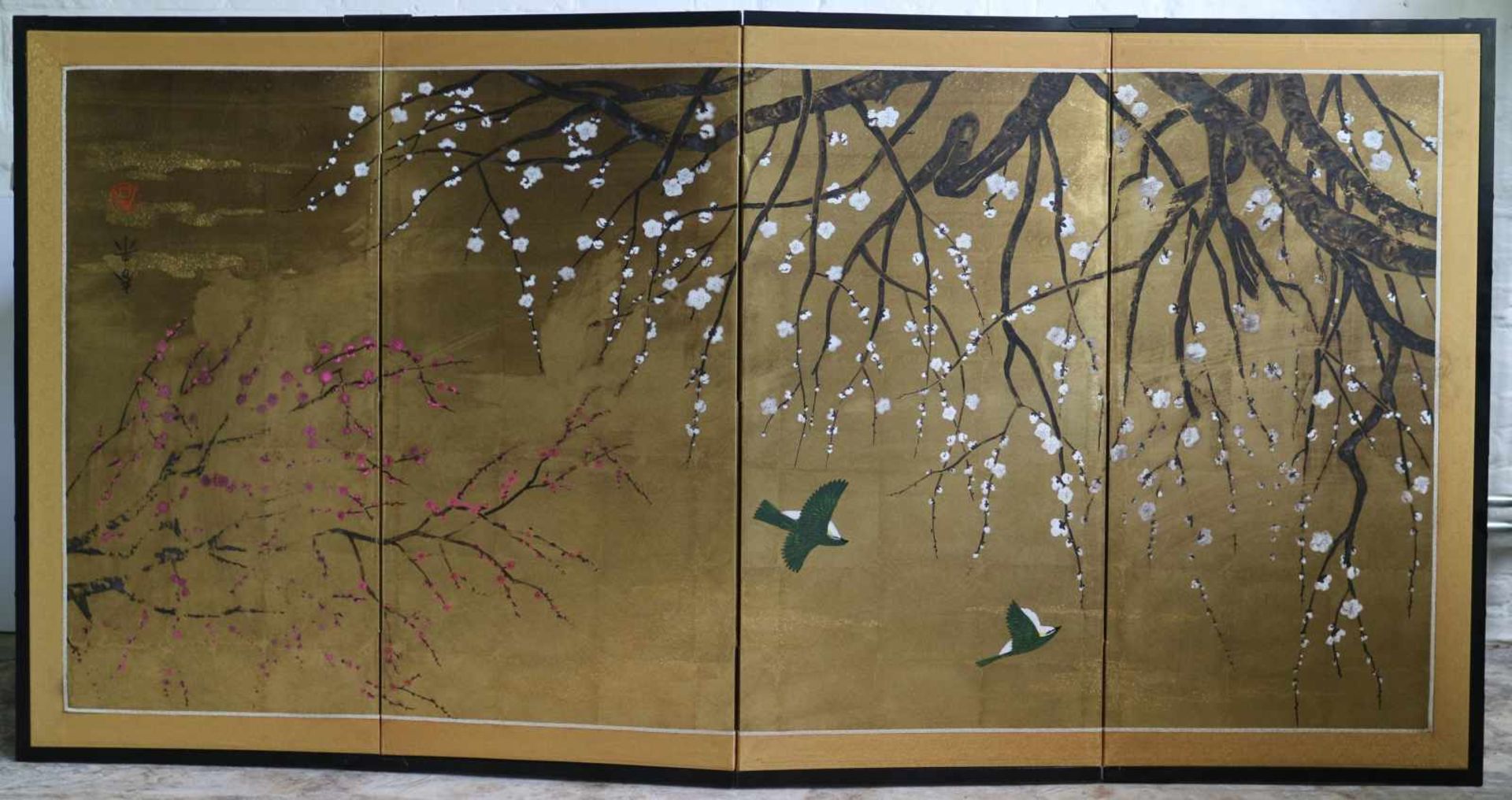 Haruki SAKURBA (XX) Japanese Byobu screen entitled 'The Nightingale and the plum blossom' 177 x 90