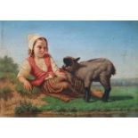 Pierre Joseph TOUSSAINT (1822-1888) Oil on panel Girl with lamb 35 x 25 cm signed and dated 1864