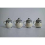 4 mustard jars Faïence fine Blue decoration with rings often used in Tournai H 8.5 cm H 8 cm