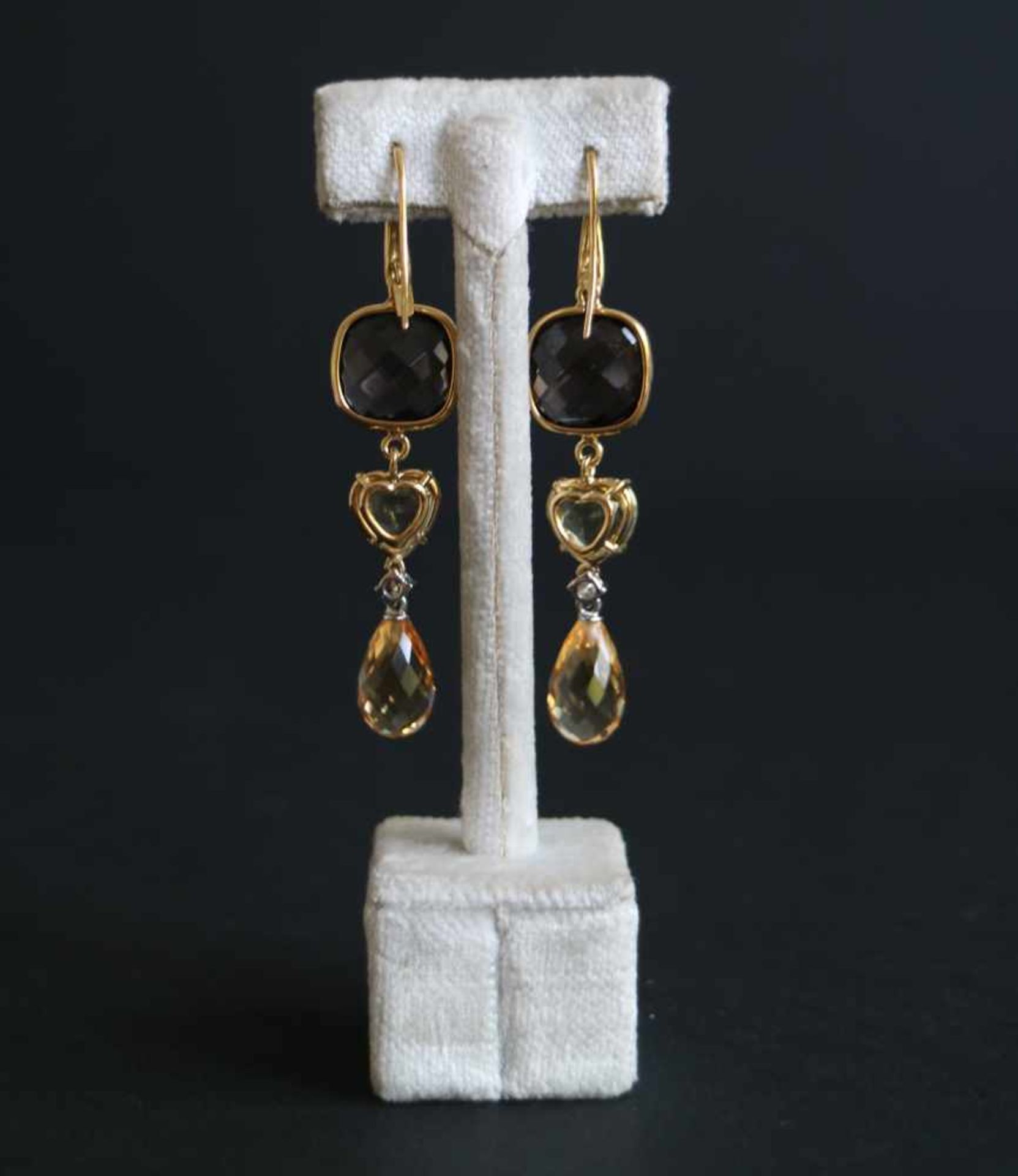 Earrings with diamond and semi-precious stones (smoky quartz and citrine), gold 18 Kt, 2 diamonds - Bild 2 aus 2