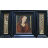 Triptych neo-Gothic work with silk embroidery in side panels 38 x 46 (centraal) , 12 x 51 (