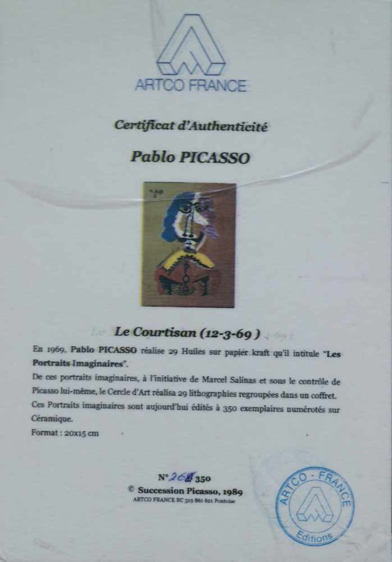 Pablo PICASSO (1881-1973) Ceramics Le Courtisan 1989 20 x 15 cm With certificate Artco France, - Bild 3 aus 3