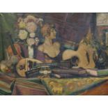 Emile WALRAVENS (1879-1914) Oil on canvas Still life with mandolin, violin and guitar 106 x 82 cm