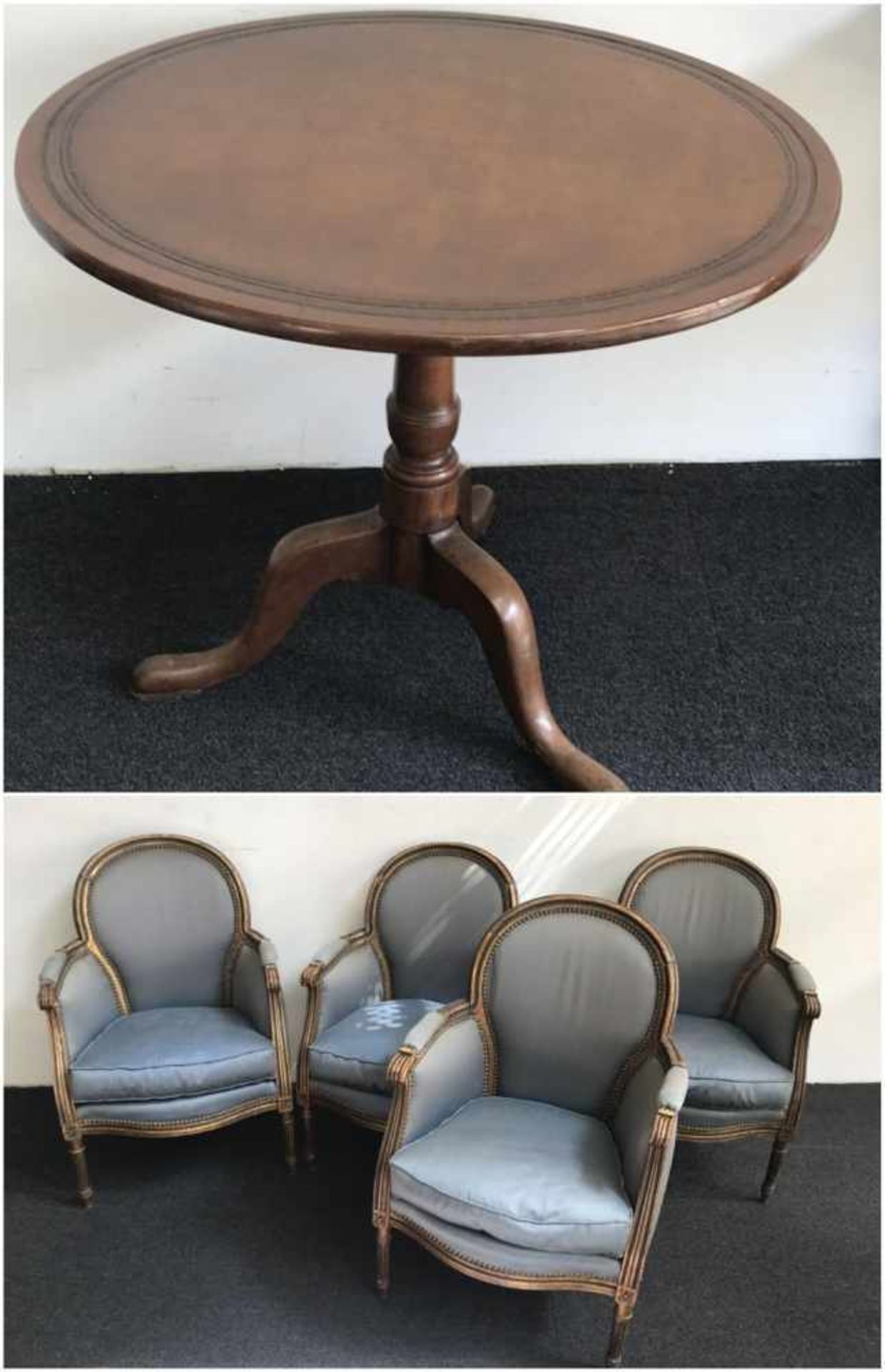 Louis XVI armchairs 4 with blue fabric and table with leather top