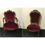 Louis Philippe armchair and chair with red velvet