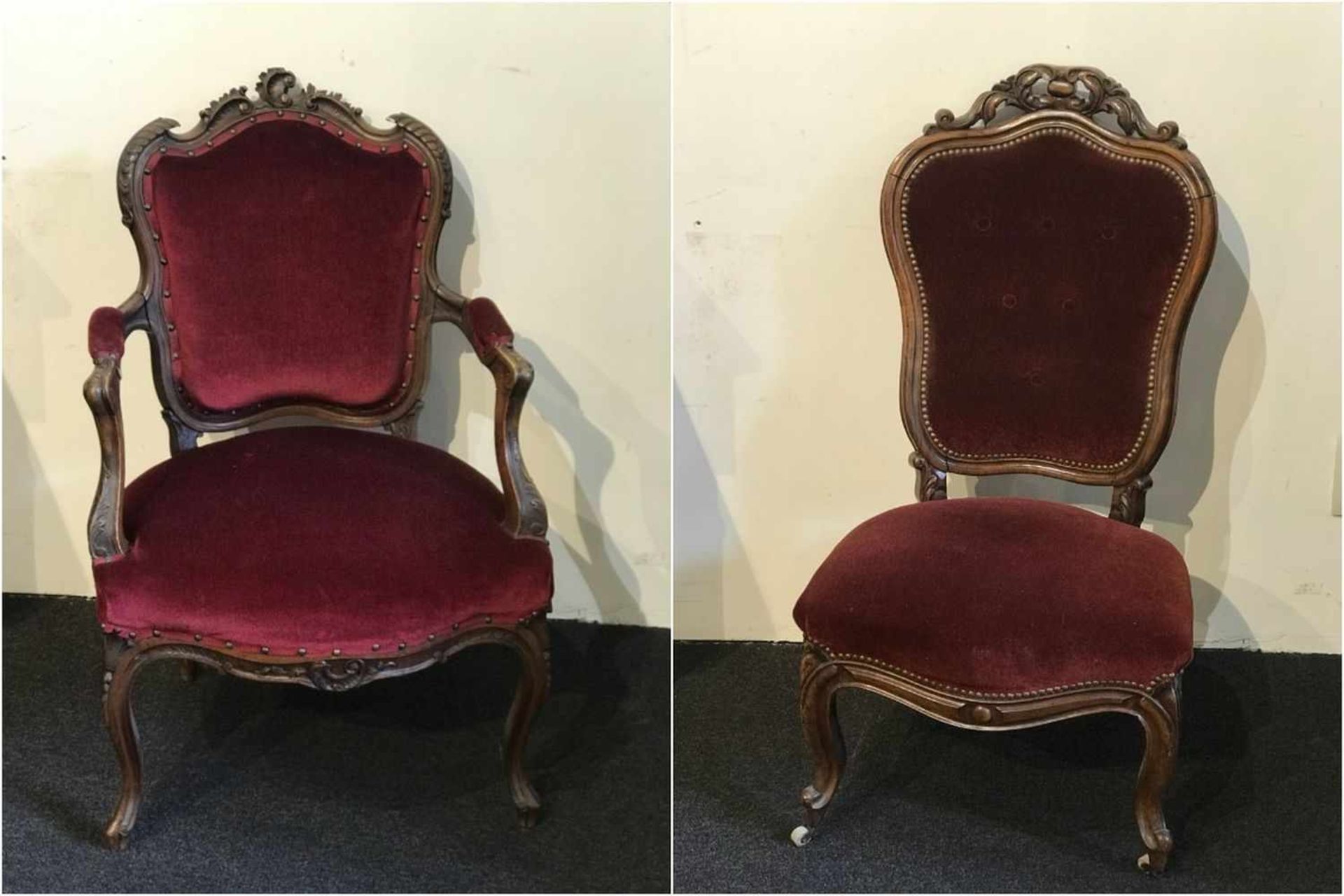 Louis Philippe armchair and chair with red velvet