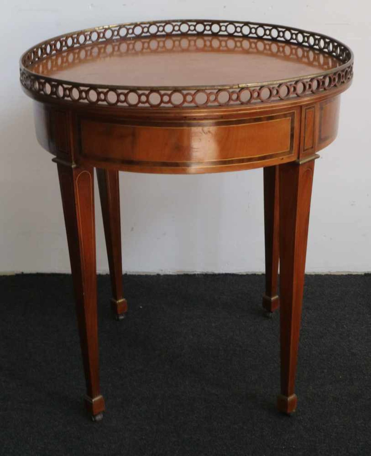 Side table with raised edge and marquetry H 75 dia 67 cm