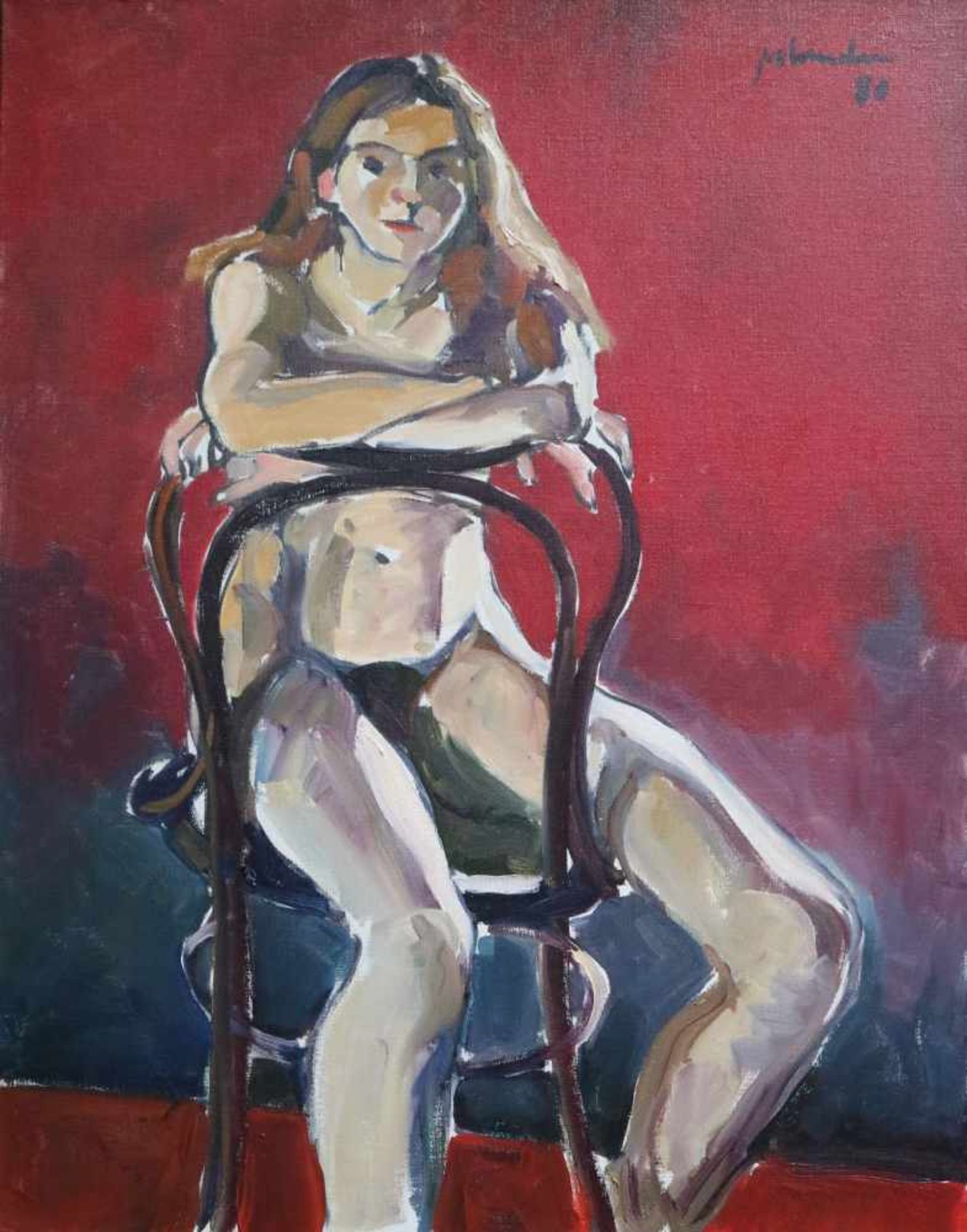 Johan van Vlaenderen (1952) oil on canvas, sitting girl 70 x 90 cm