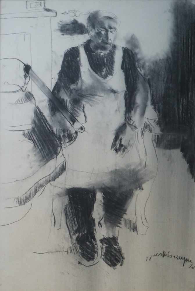 Dees DE BRUYNE (1940-1998) charcoal drawing Mother by the stove 71 x 108 cm