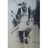 Dees DE BRUYNE (1940-1998) charcoal drawing Mother by the stove 71 x 108 cm
