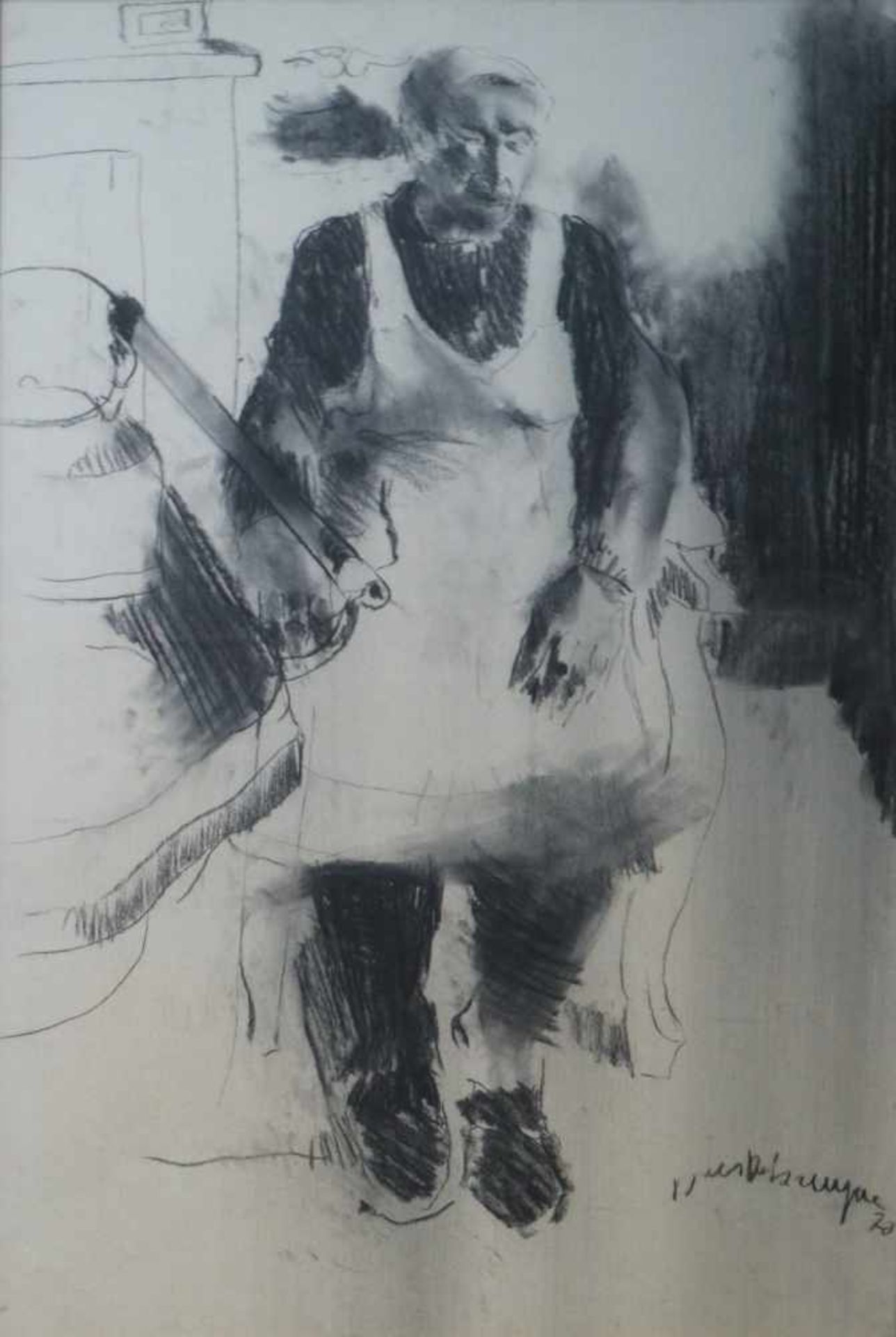 Dees DE BRUYNE (1940-1998) charcoal drawing Mother by the stove 71 x 108 cm