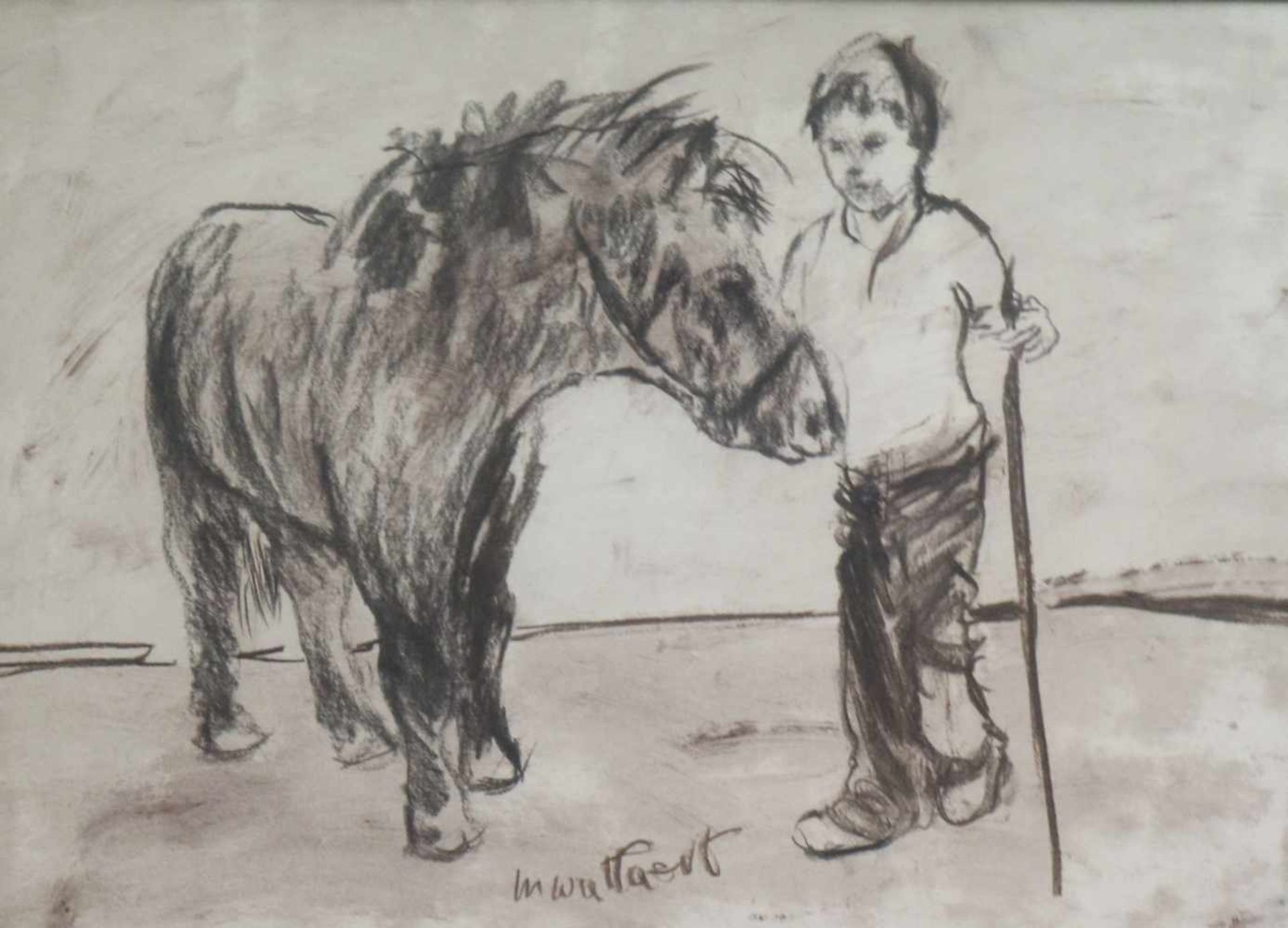 Martin WALLAERT (1944) drawing Boy with pony 71 x 51 cm