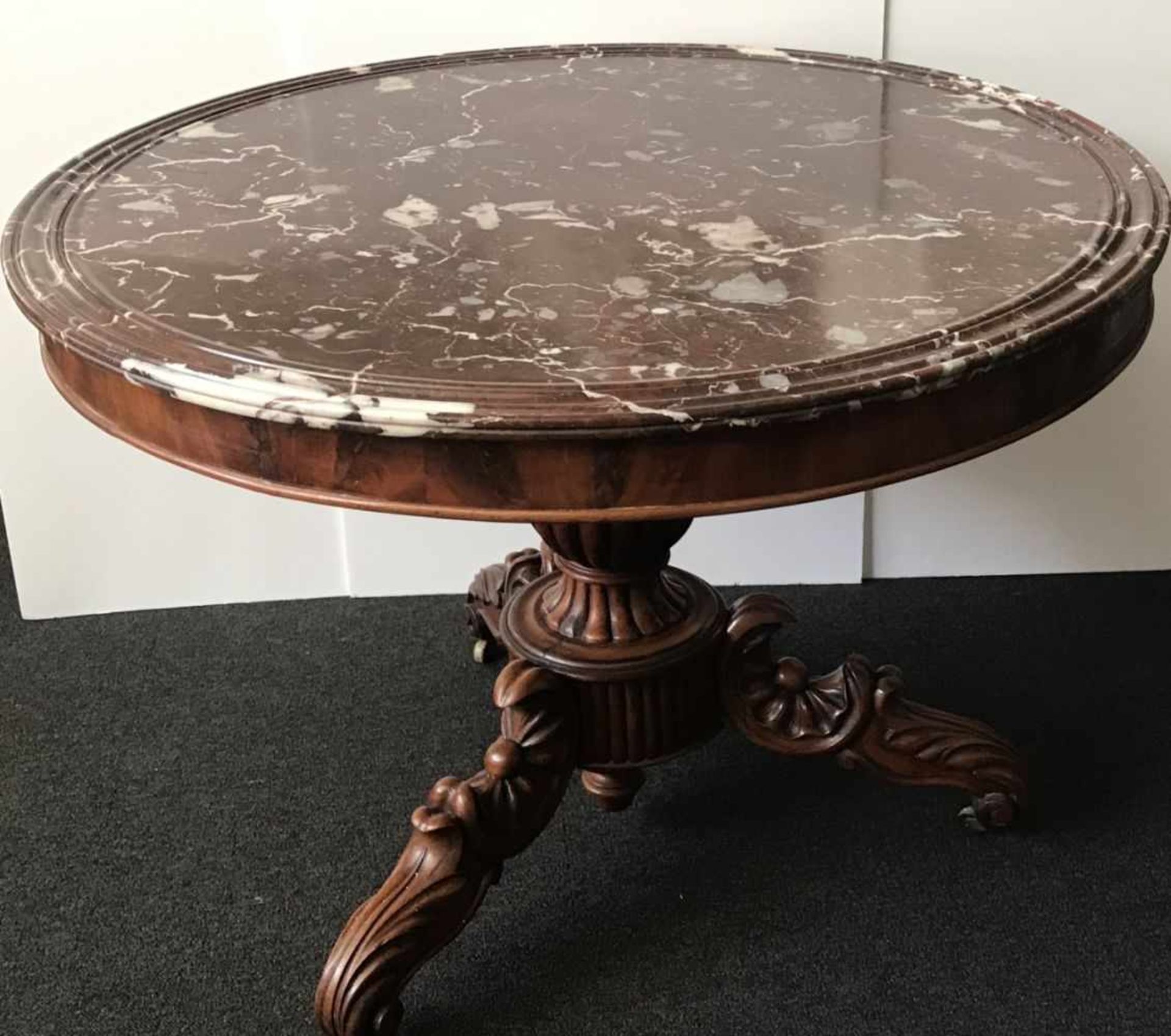 Louis Philippe round table on central leg with marble top H 75 dia 105 cm