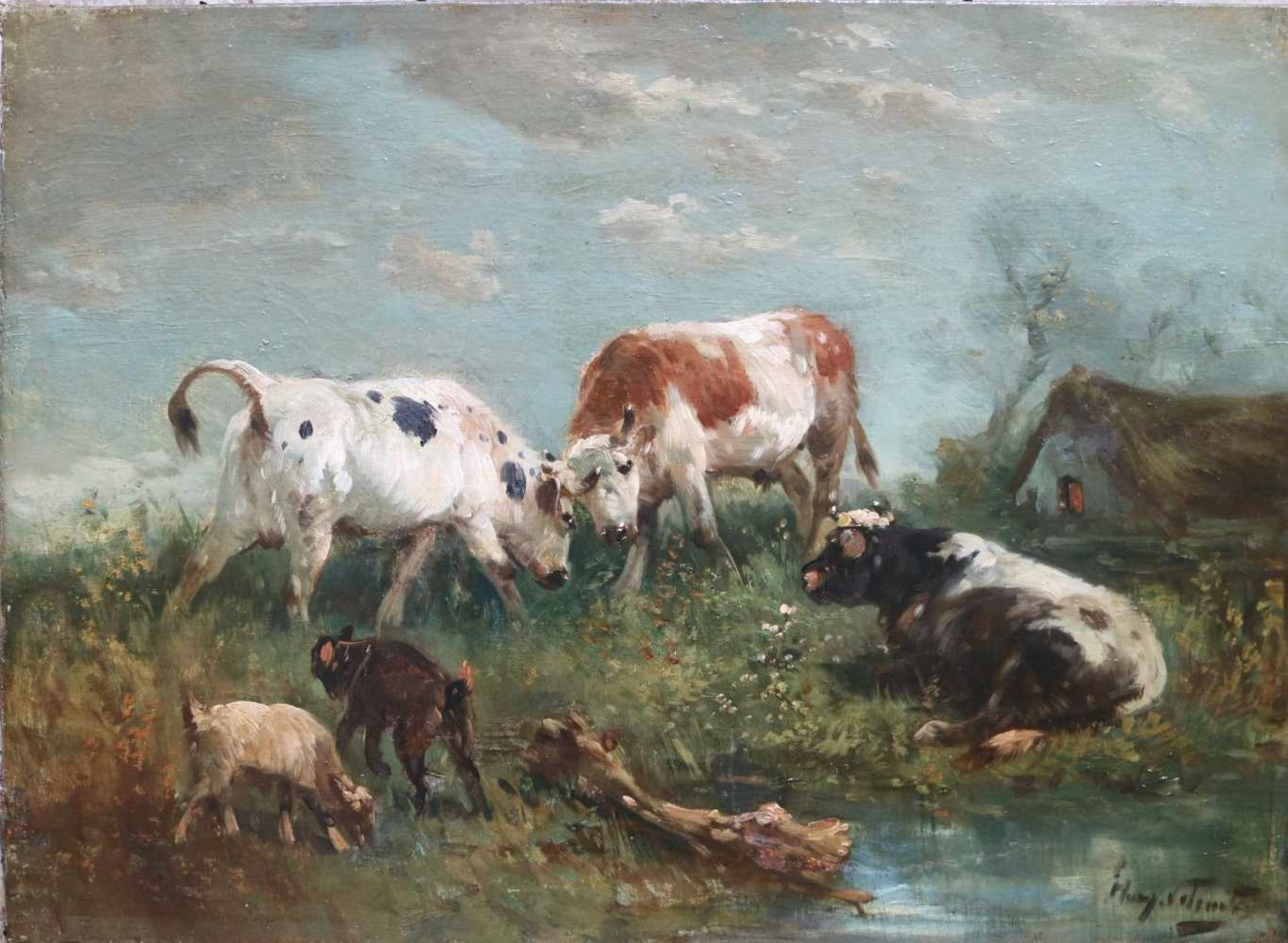 Henry SCHOUTEN (1857 / 64-1927) oil on canvas Cows 76 x 55 cm restoration