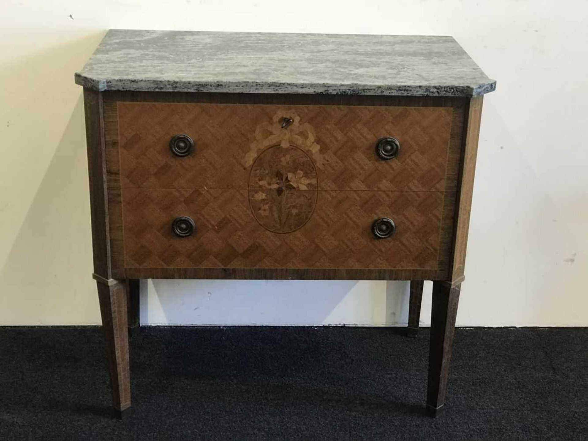 Chest of drawers with marquetry and marble top H 76 L 77 B 43 cm