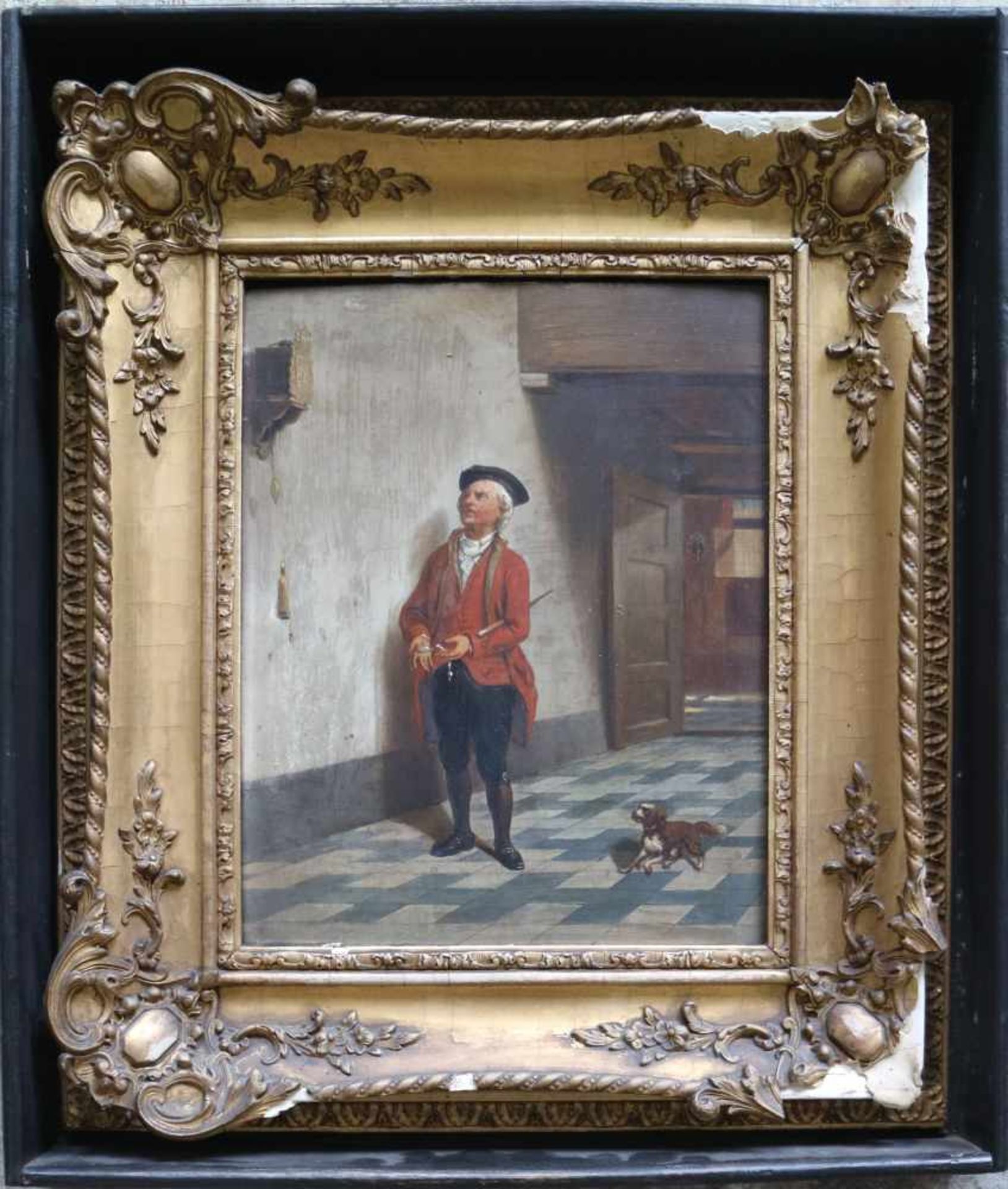 French school oil on canvas Man with pocket watch and dog 19th century 24 x 30 cm - Bild 2 aus 3